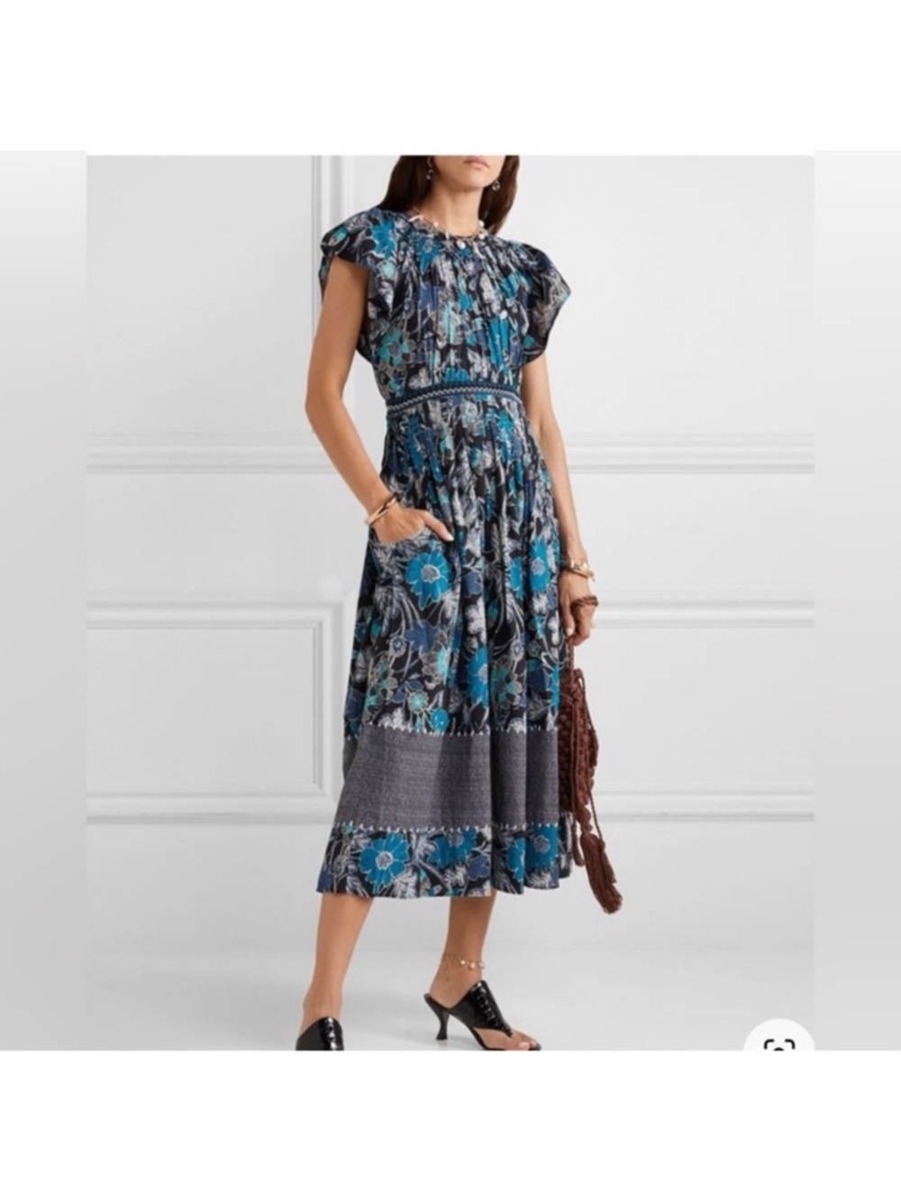 Ulla Johnson Navy and Teal Floral Midi Dress